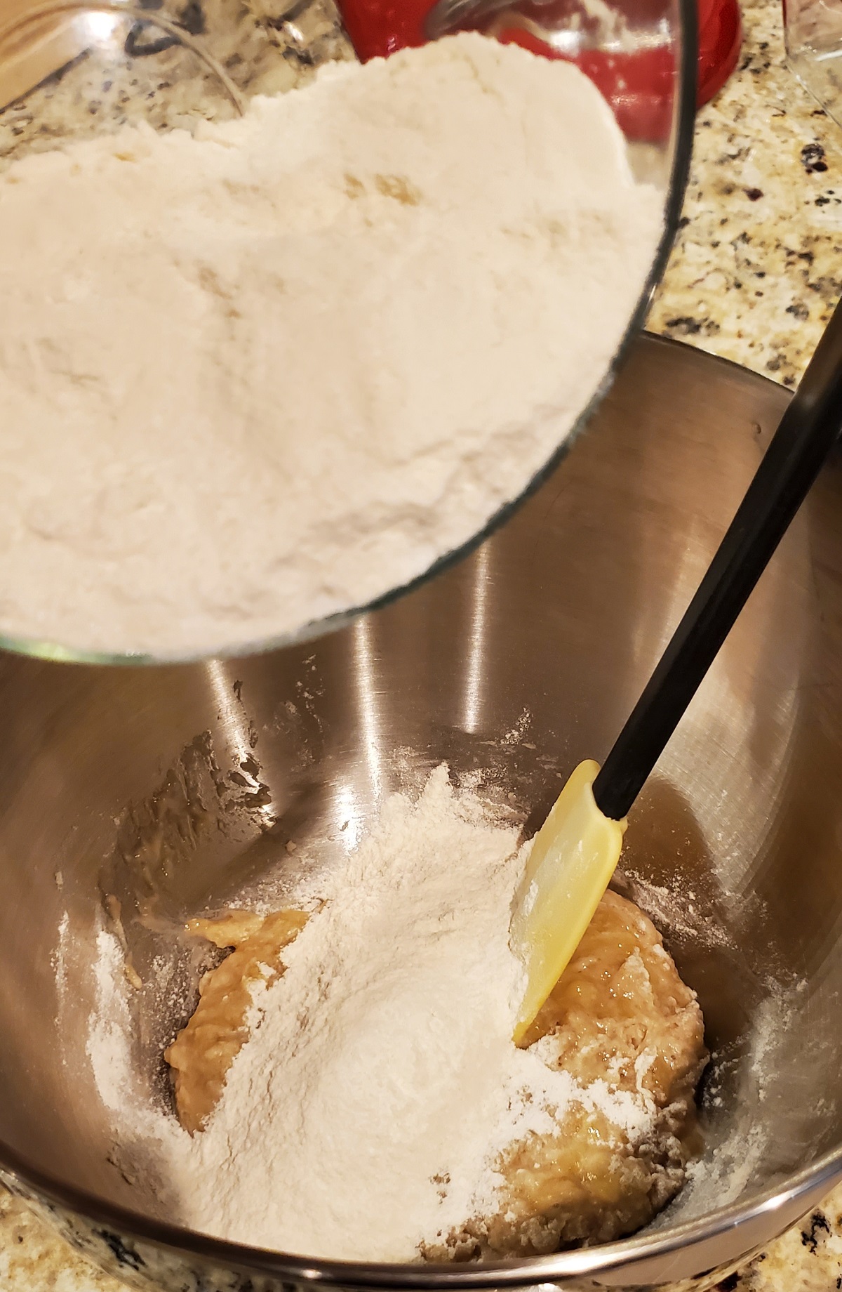 add dry ingredients to mashed bananas